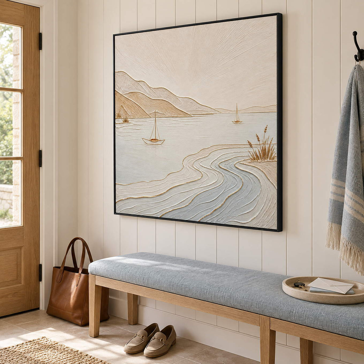 Pale coastal painting with sailboats, sandy hills, and curving wave contours in a black frame in an entryway.