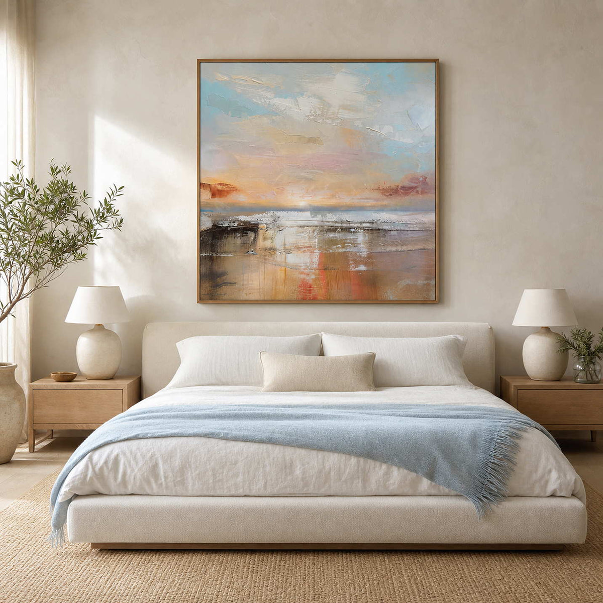 Abstract Landscape Wall Art displayed in a refined bedroom.