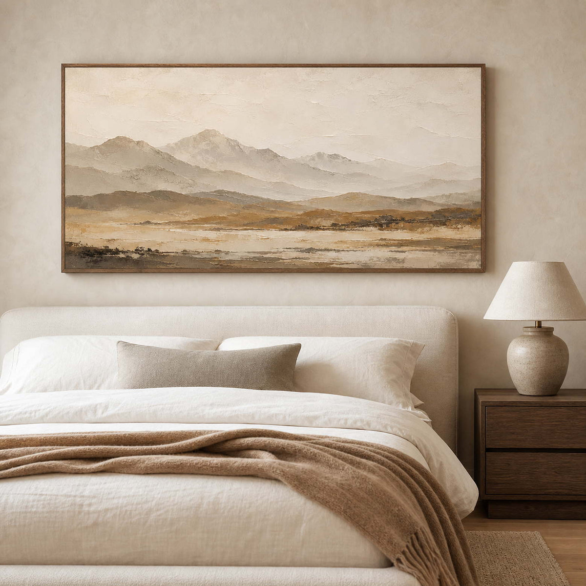 Neutral Landscape Wall Art displayed in a refined bedroom.