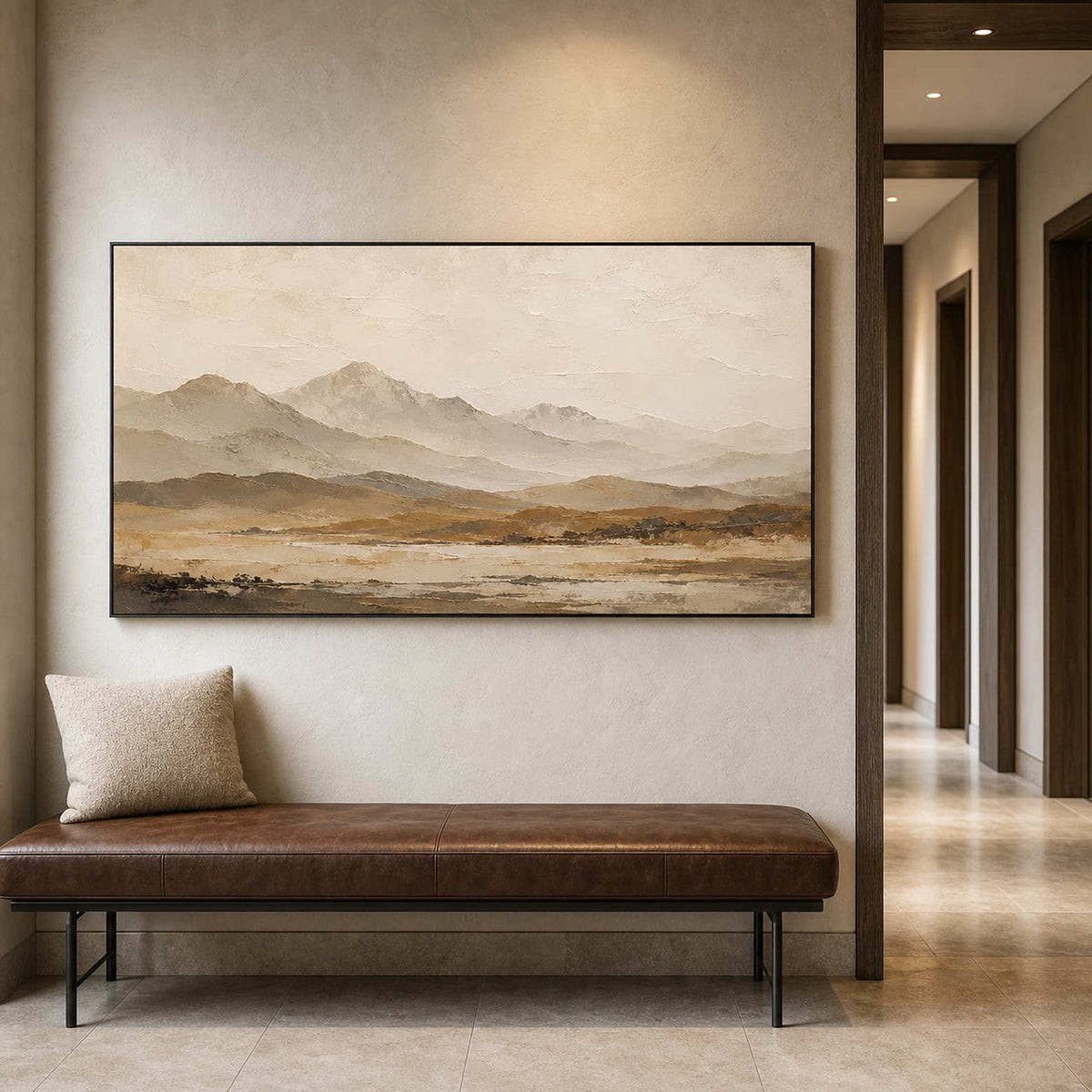 Neutral Landscape Wall Art displayed in a refined hospitality lounge.