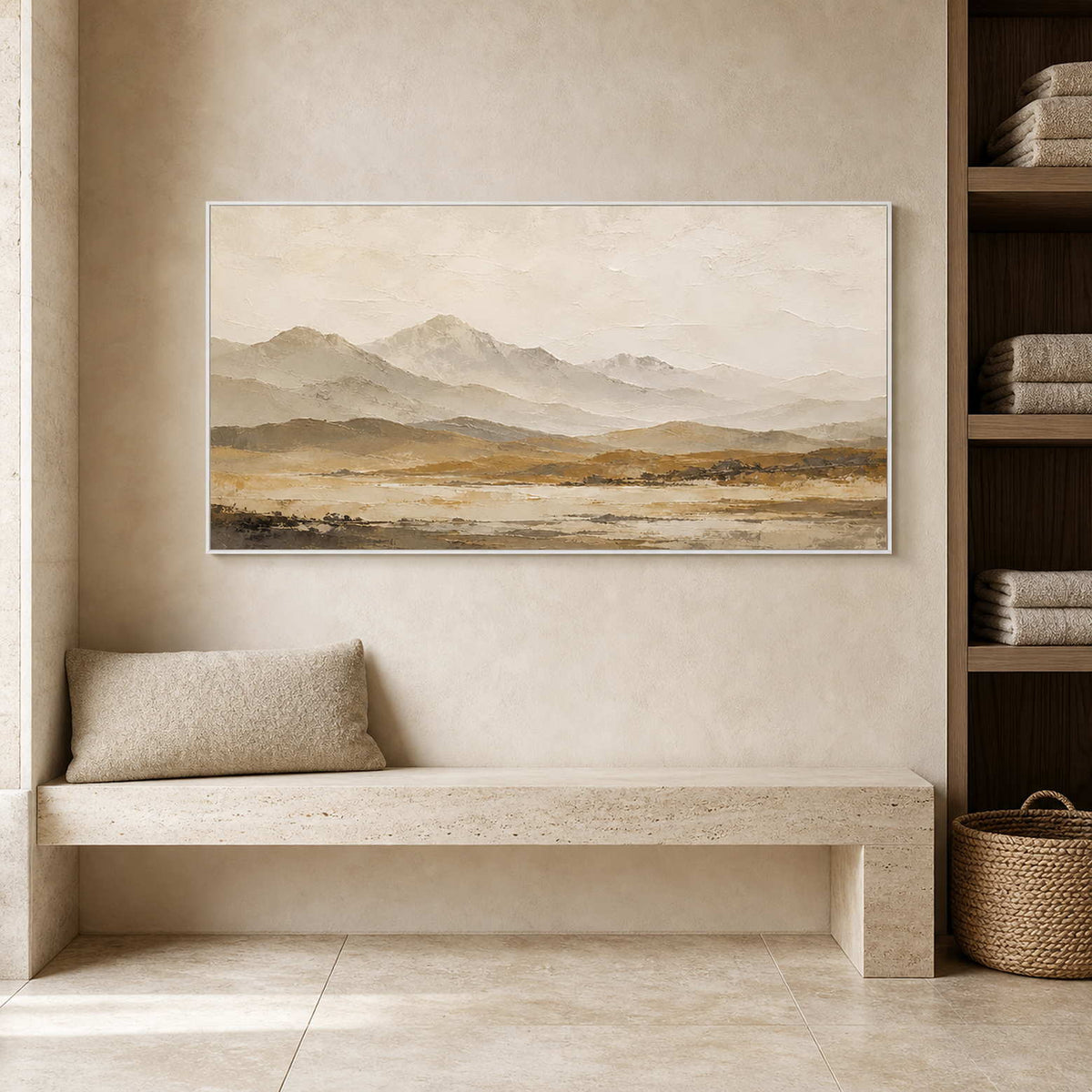 Neutral Landscape Wall Art displayed in a refined spa reception.