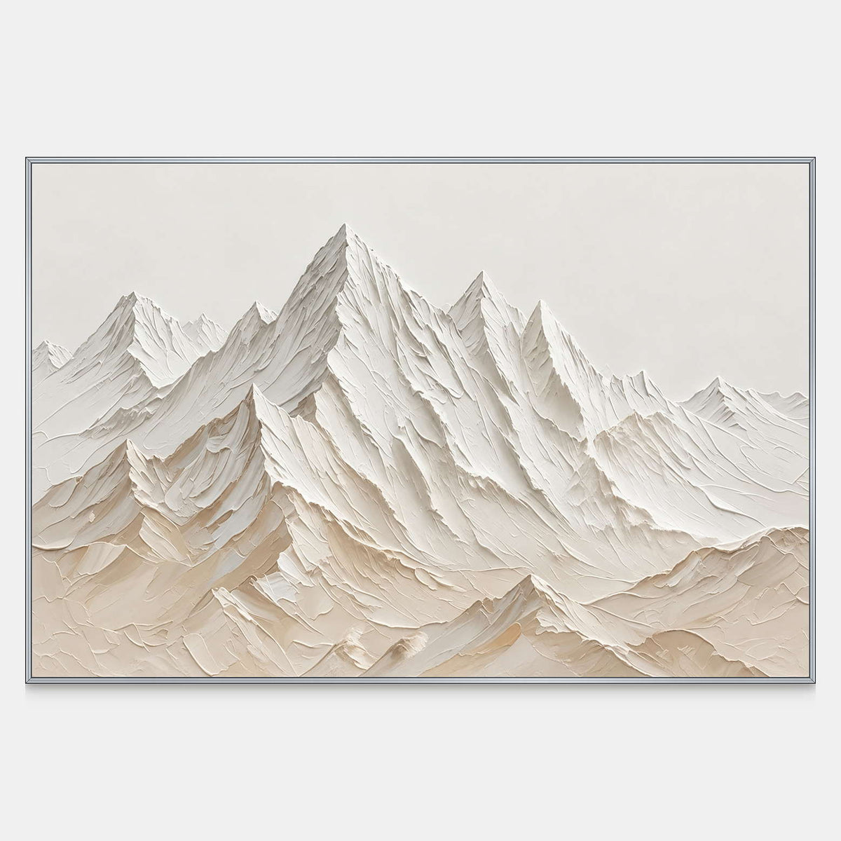 Front view of Mountains Keeping Watch, with a high central cream peak surrounded by overlapping pale mountain ridges.