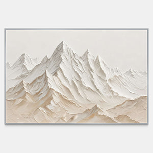 Front view of Mountains Keeping Watch, with a high central cream peak surrounded by overlapping pale mountain ridges.