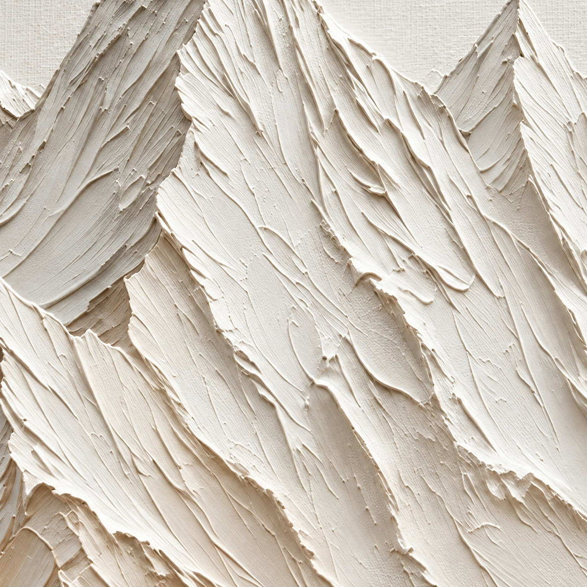 Close-up of Mountains Keeping Watch showing sharp cream palette-knife ridges and shadows along layered mountain slopes.