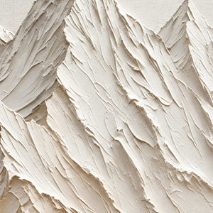 Close-up of Mountains Keeping Watch showing sharp cream palette-knife ridges and shadows along layered mountain slopes.