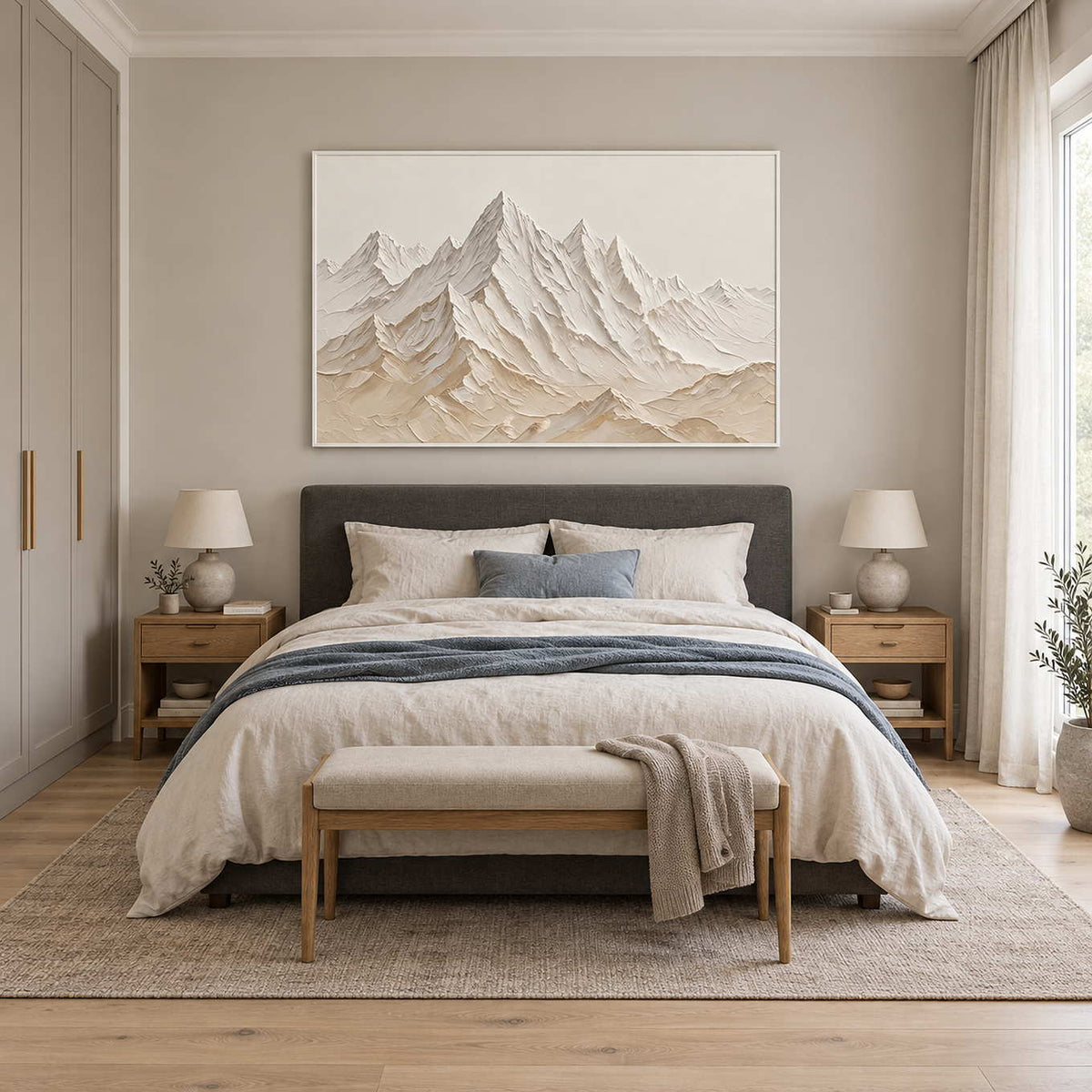 Mountains Keeping Watch in a white frame above a neutral bed with blue-gray accents and an upholstered bench.