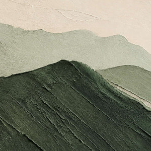 Close-up of raised hand-painted texture in green, white, and neutral.