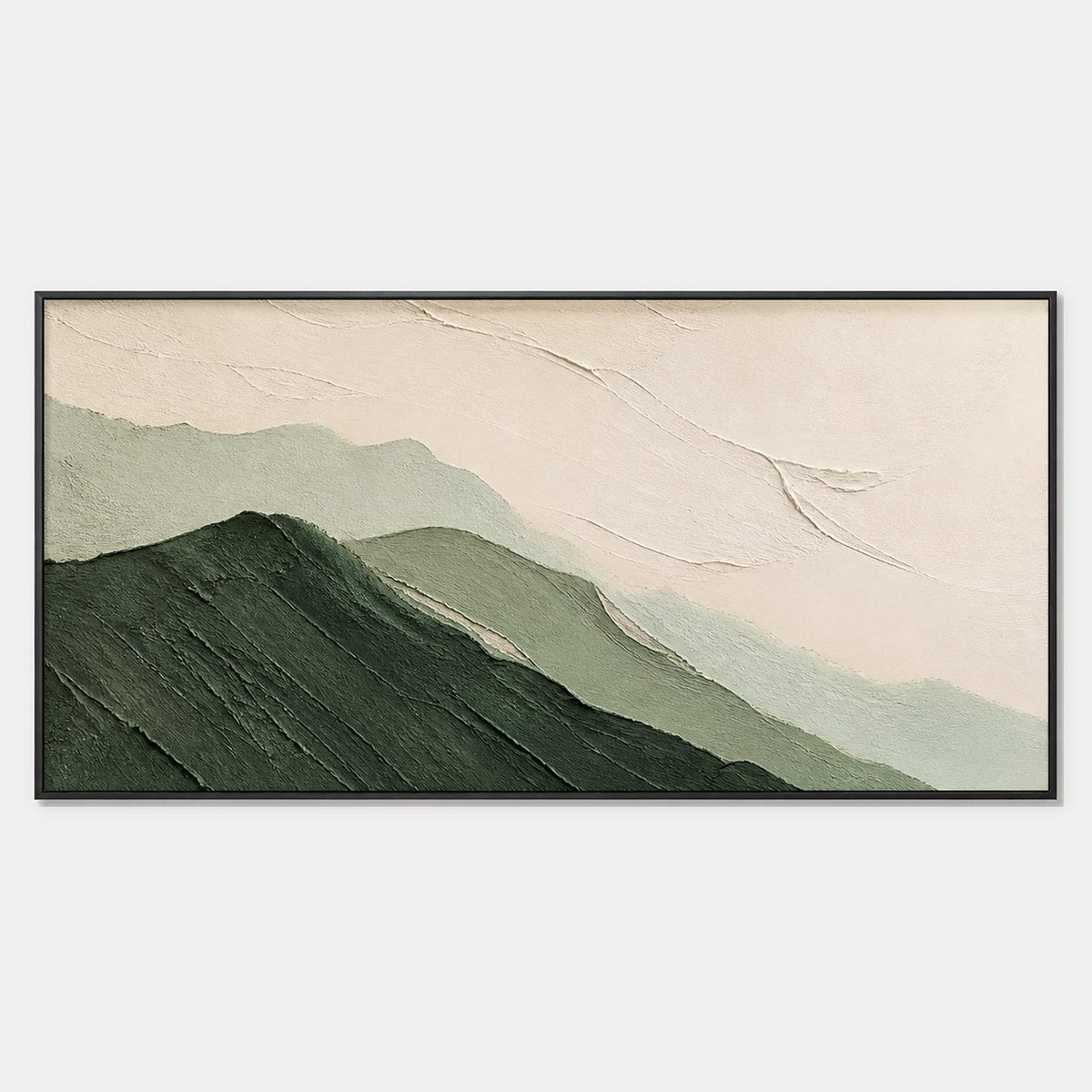 Hand-painted textured mountain wall art in green, white, and neutral.