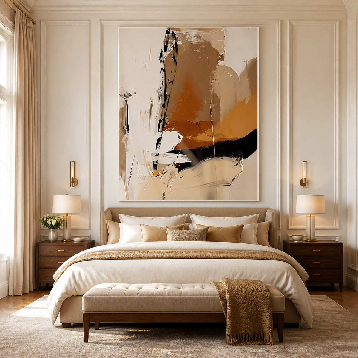 White framed cream and ochre artwork above a bed with warm neutral cushions.