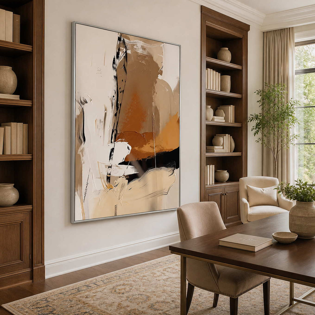 Silver framed gestural abstract artwork beside walnut bookcases and a study table.
