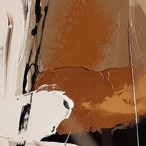 Close detail of raised ochre and cream strokes with thin trailing paint lines.