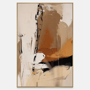 Moving Freely abstract artwork with cream gestures, ochre patches, and a dark lower curve.