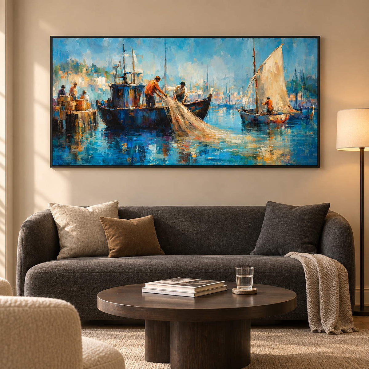 Hand-painted harbor scene with fishermen, sailboats, and luminous blue water, displayed in a club lounge in a black frame.