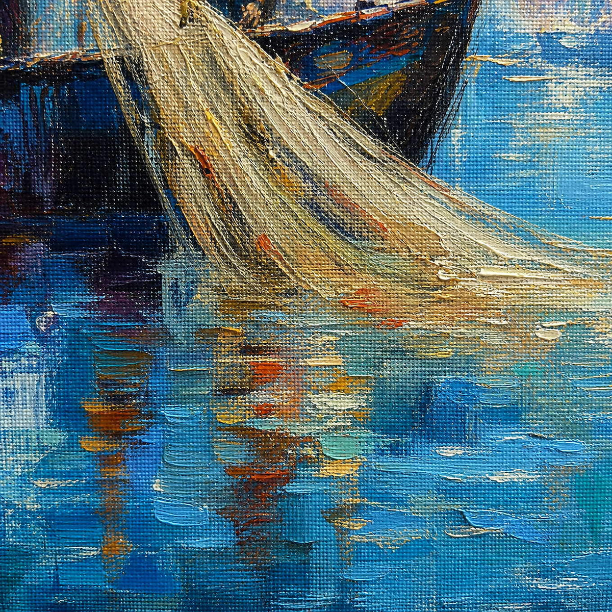 Close-up of canvas weave and layered paint across the fishing net.