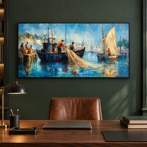 Hand-painted harbor scene with fishermen, sailboats, and luminous blue water, displayed in a study in a black frame.