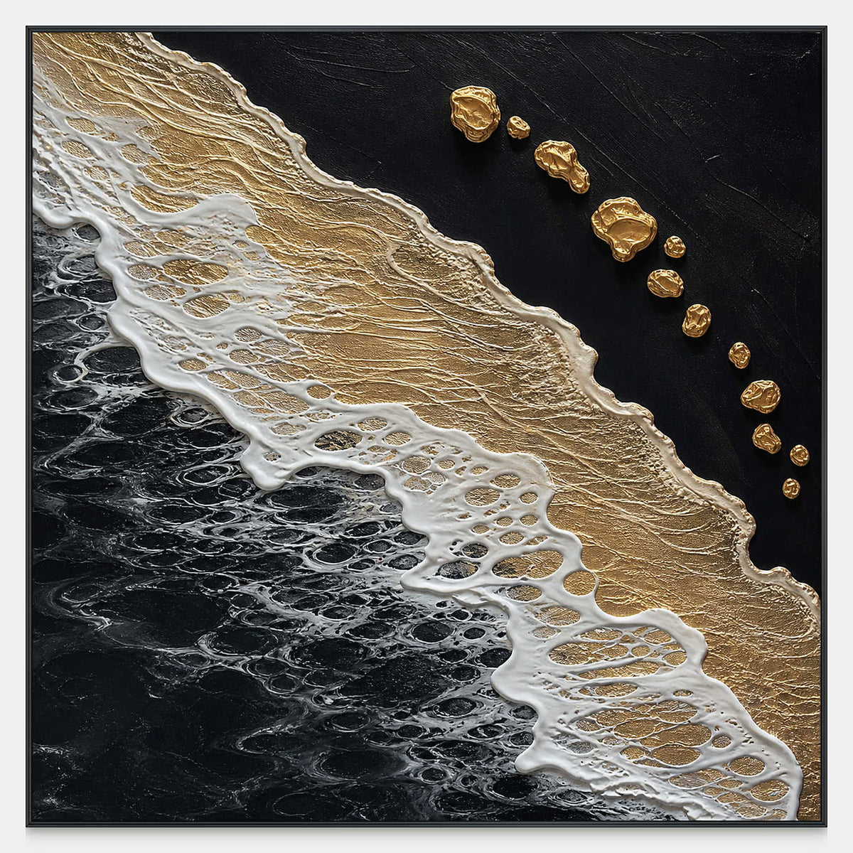 Front view of Night Tide, a square abstract painting with a diagonal gold band, white foamlike relief and raised gold accents on black.