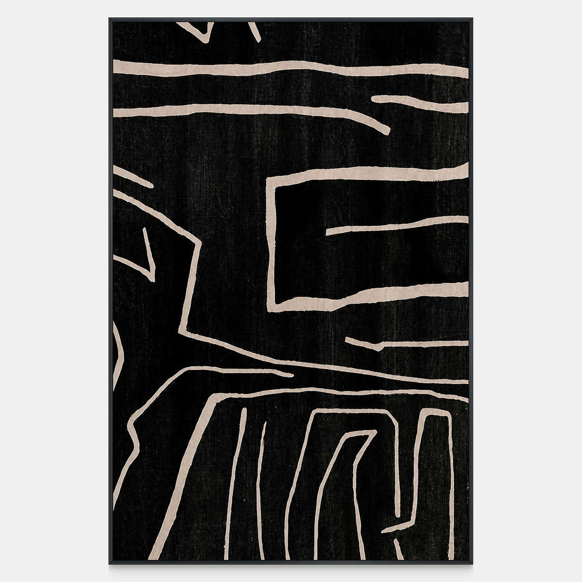 Vertical black abstract painting with uneven pale lines and open corners.