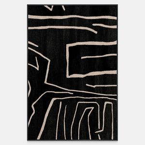 Vertical black abstract painting with uneven pale lines and open corners.