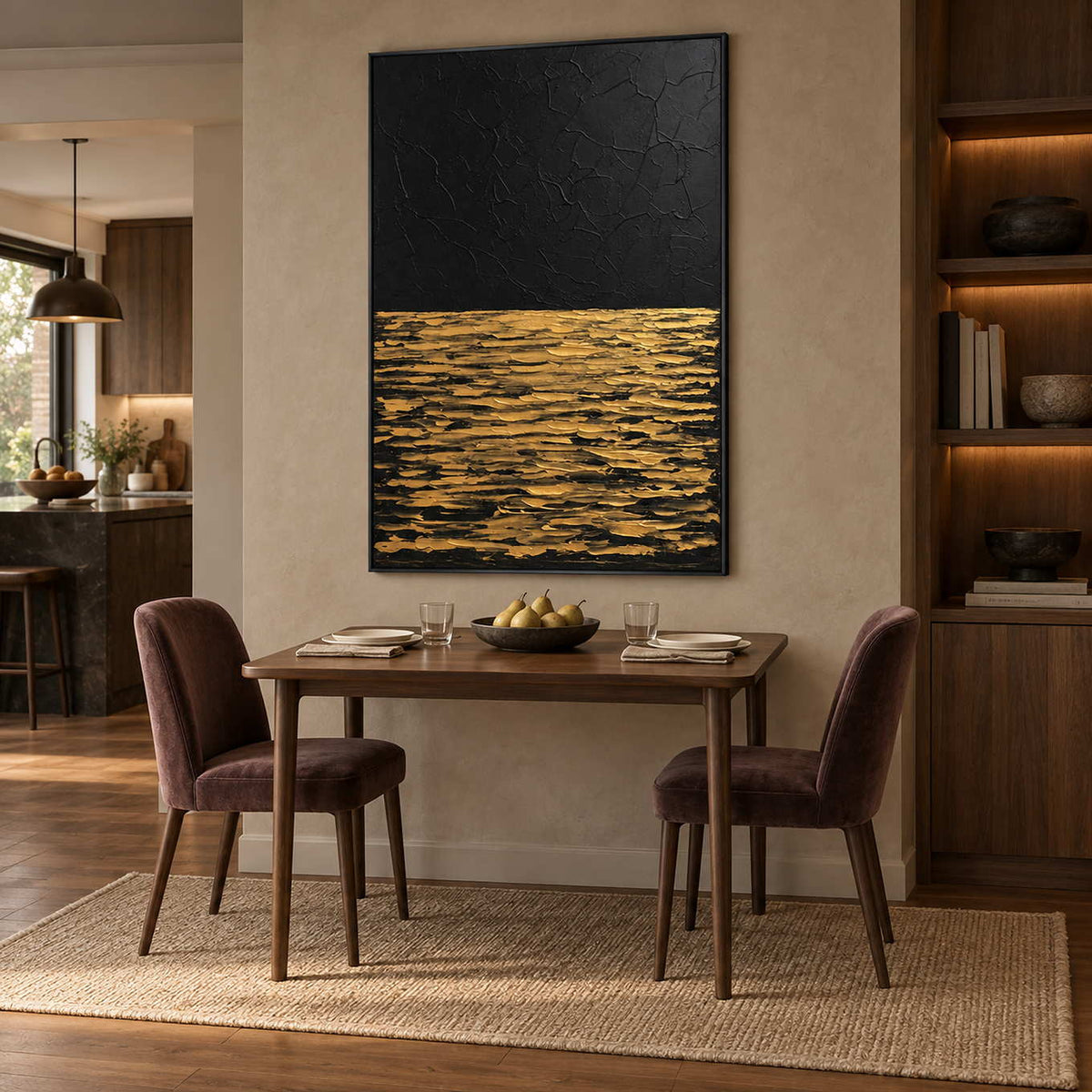 Night's Gentle Glow in a black frame above a small wood dining table and brown upholstered chairs.
