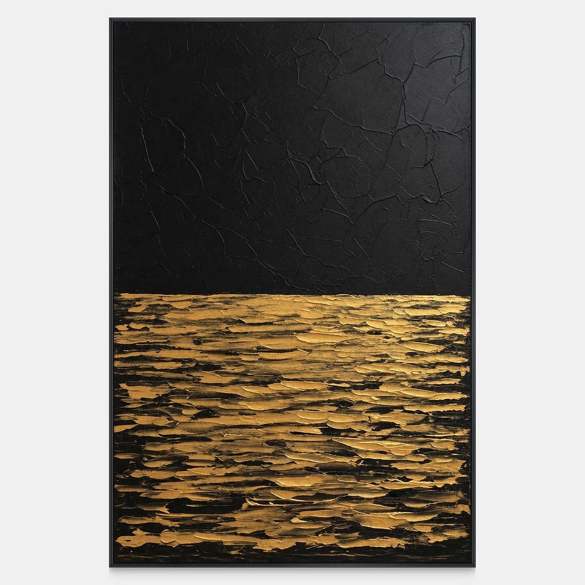 Front view of Night's Gentle Glow, a vertical abstract painting divided between a dark open field and layered gold-toned strokes below.