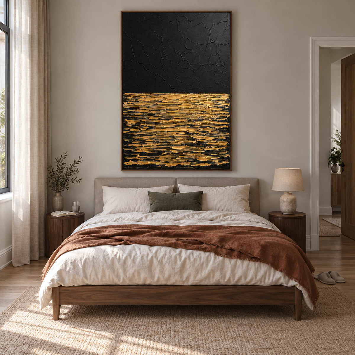 Night's Gentle Glow in a brown wood frame above a neutral bed with a warm brown throw.