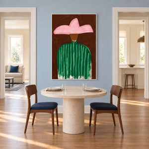 Green-striped portrait behind a pale round table with blue-seated dining chairs.