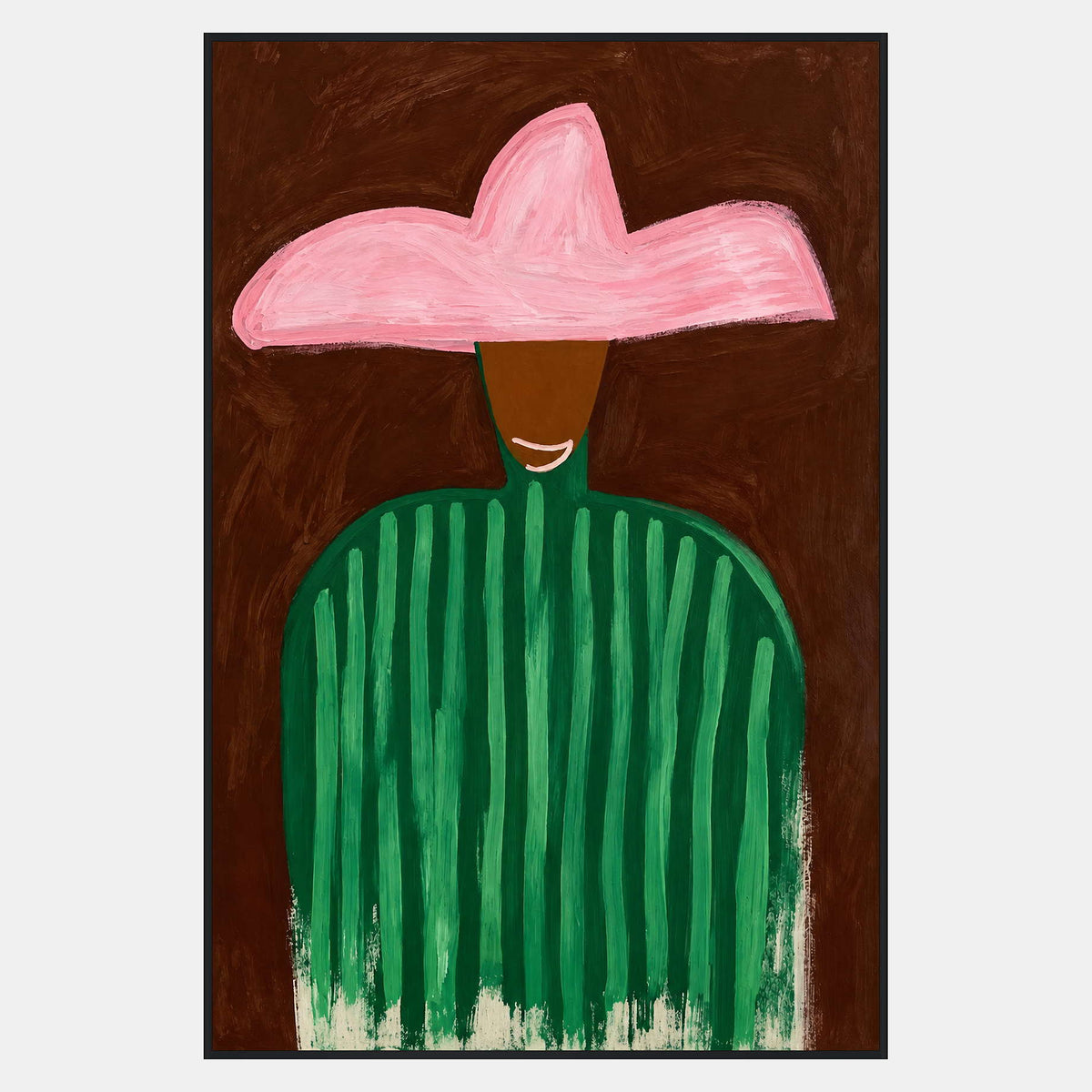 Tall portrait with a broad pink hat, small curved smile, green striped top, and brown background.
