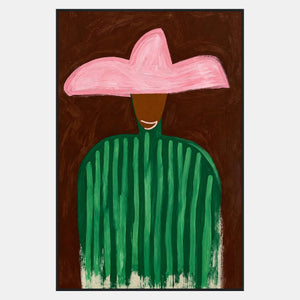 Tall portrait with a broad pink hat, small curved smile, green striped top, and brown background.