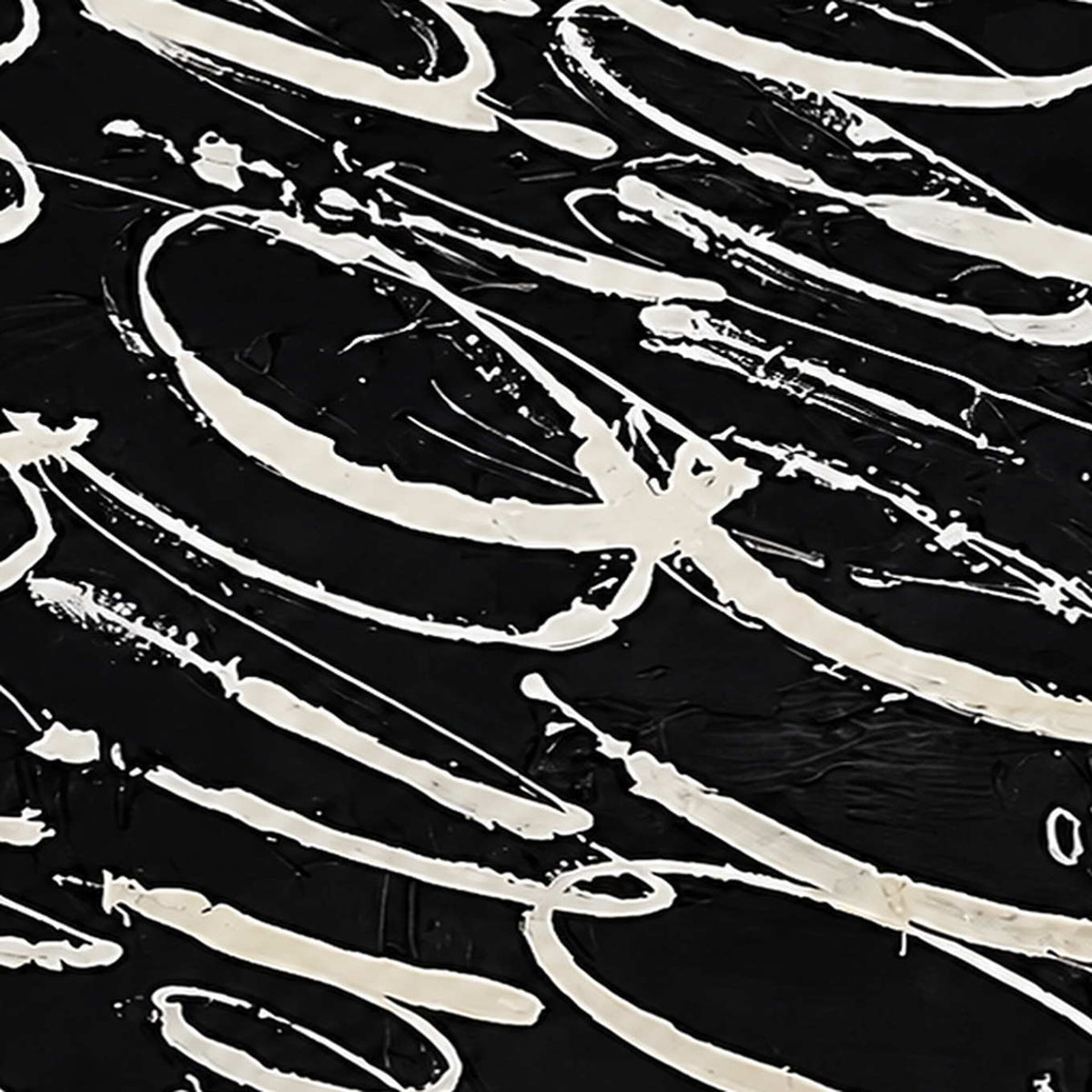 Close view of pale looping brushstrokes and thin trails across textured black paint.