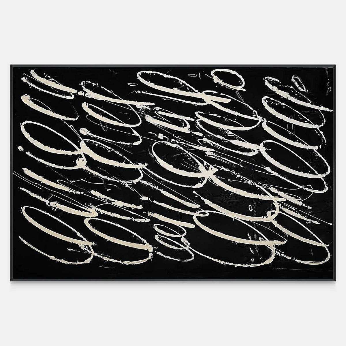 Horizontal black abstract painting with pale loops, trailing strokes, and textured marks.