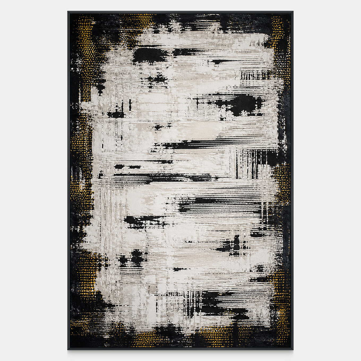 Notes in White, a vertical black and white abstract painting with broken horizontal marks and fine ochre flecks.