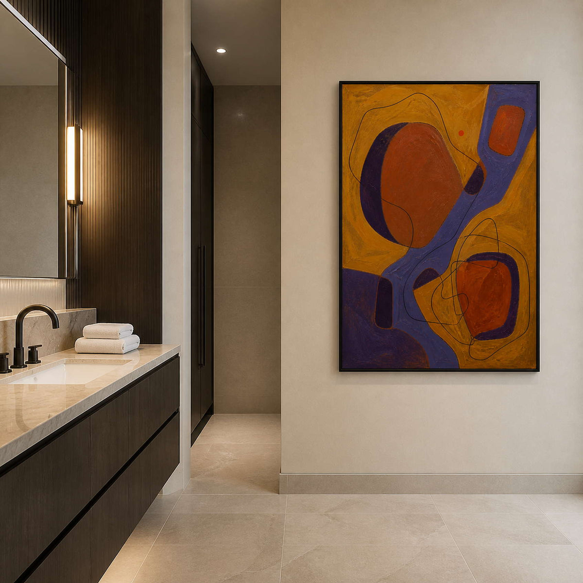 Textured ochre and violet canvas shown in a modern bathroom.
