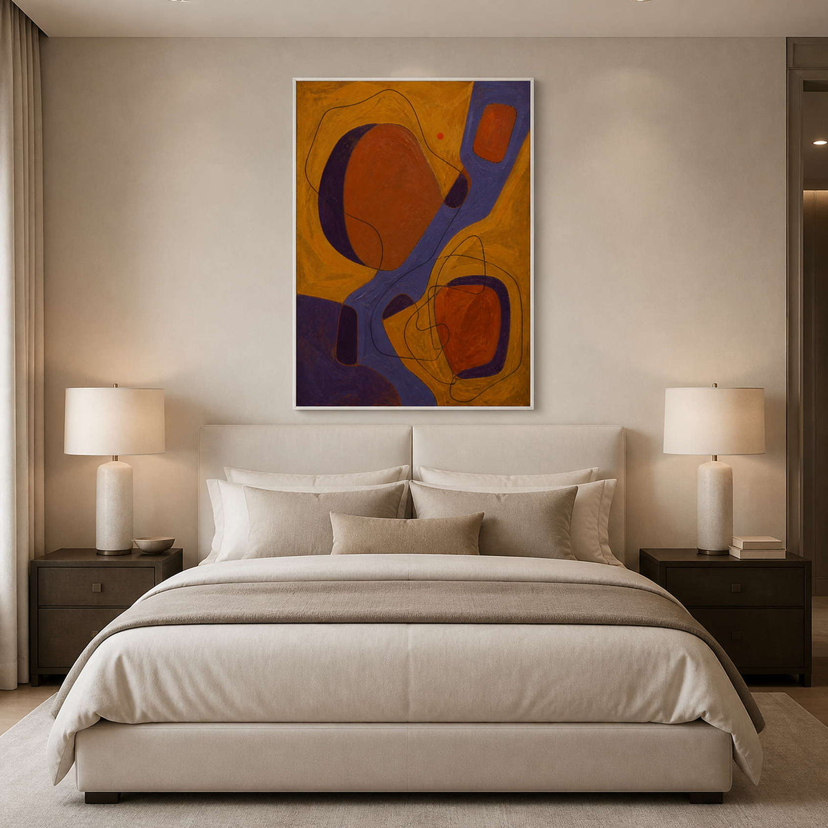Ochre and violet artwork creating warmth above a neutral bedroom.