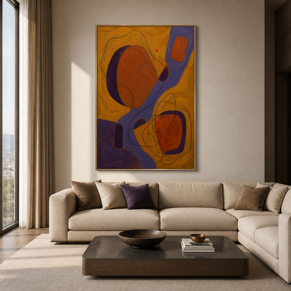 Ochre and violet abstract wall art styled in a modern living room.