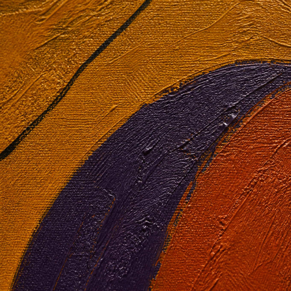 Close-up of ochre, burnt orange, and violet painted texture.