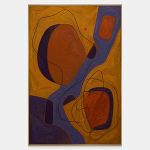 Textured abstract canvas with ochre, burnt orange, and deep violet forms.