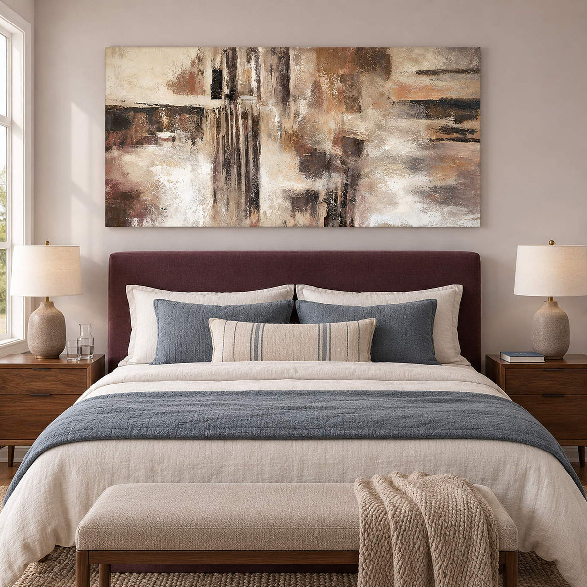 Hand-painted abstract wall art in ivory, taupe, umber, and charcoal, displayed in a bedroom without an outer frame.