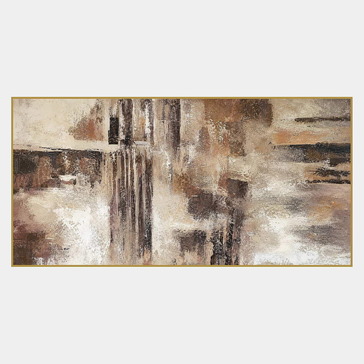 Hand-painted abstract wall art in ivory, taupe, umber, and charcoal.