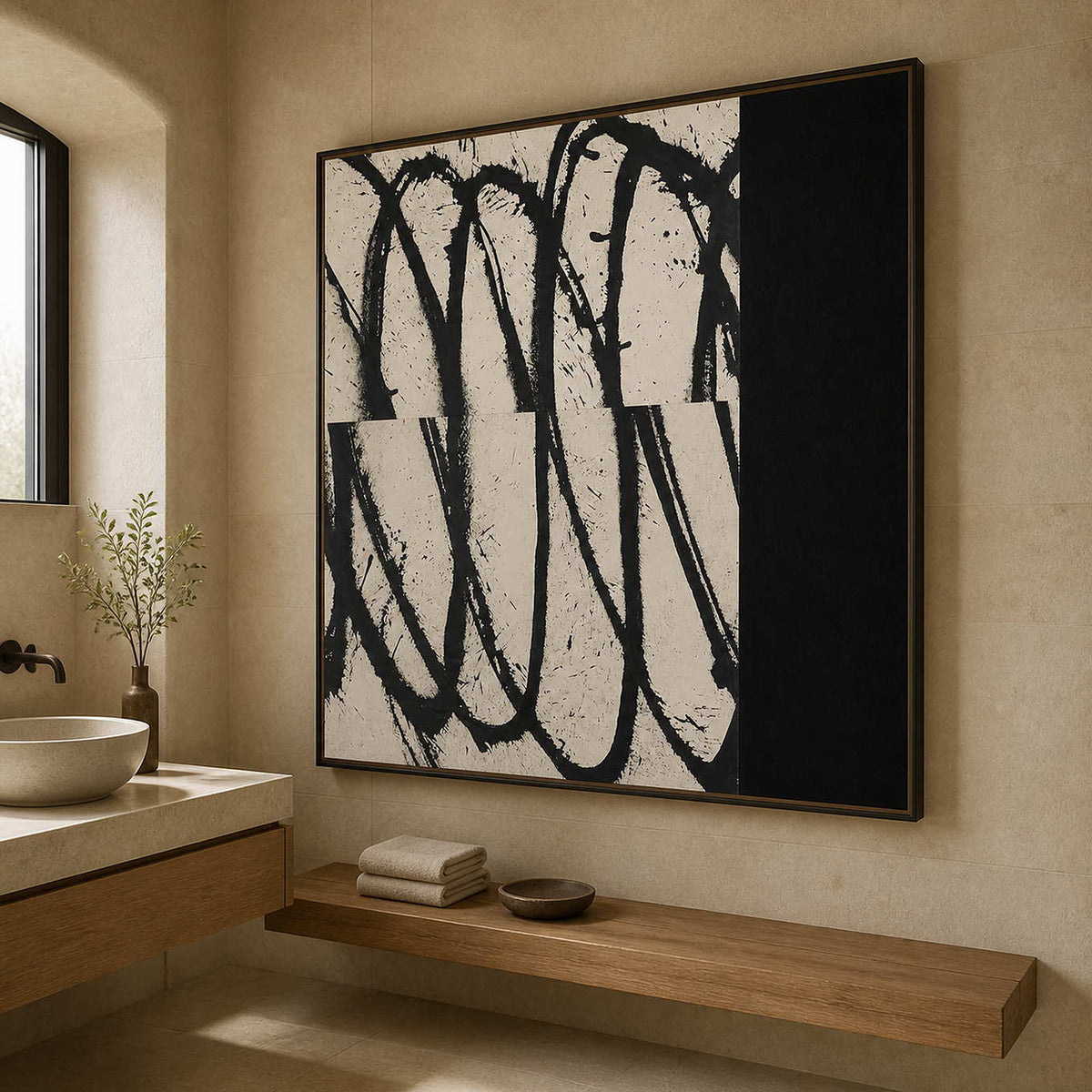 Wood framed looping abstract artwork above a wooden bench beside a bathroom vessel sink.