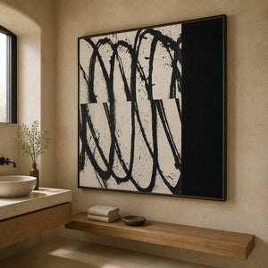 Wood framed looping abstract artwork above a wooden bench beside a bathroom vessel sink.