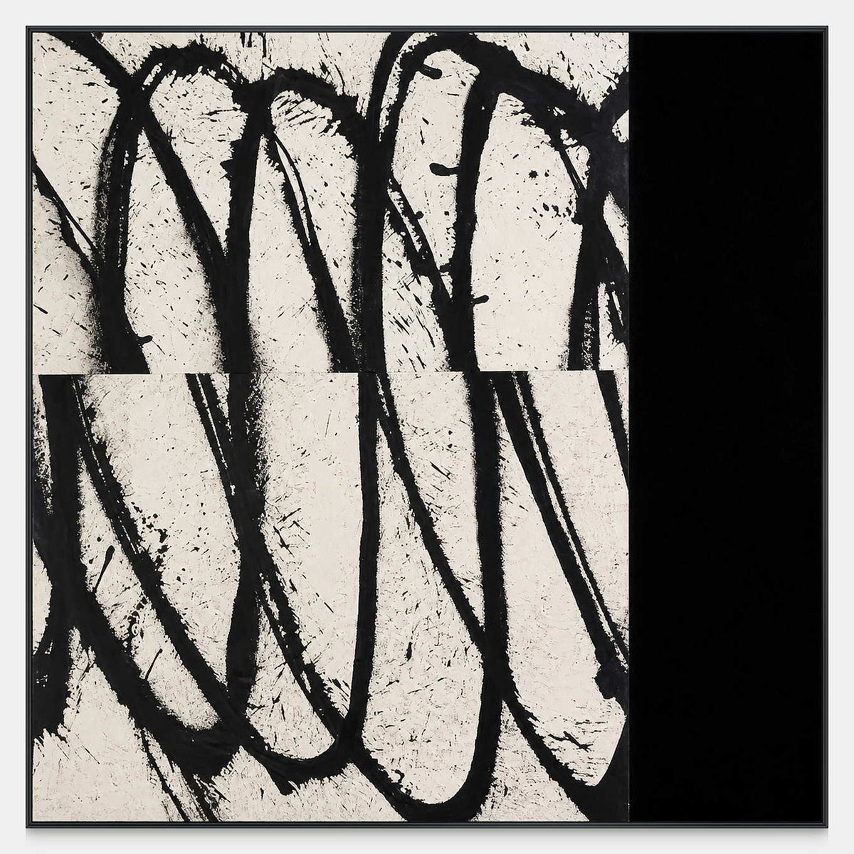 Square abstract artwork with black loops, speckled off-white sections, and a solid dark side band.