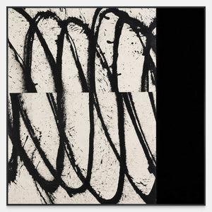 Square abstract artwork with black loops, speckled off-white sections, and a solid dark side band.