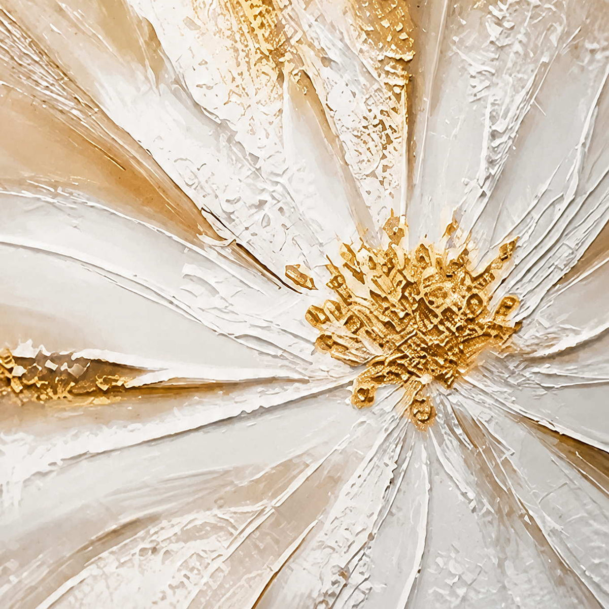 Close-up of raised white petals, fine ridges, and textured golden marks around the flower center in One Bloom of Joy.