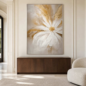 One Bloom of Joy in a silver frame above a walnut sideboard in an airy, cream-toned sitting room.