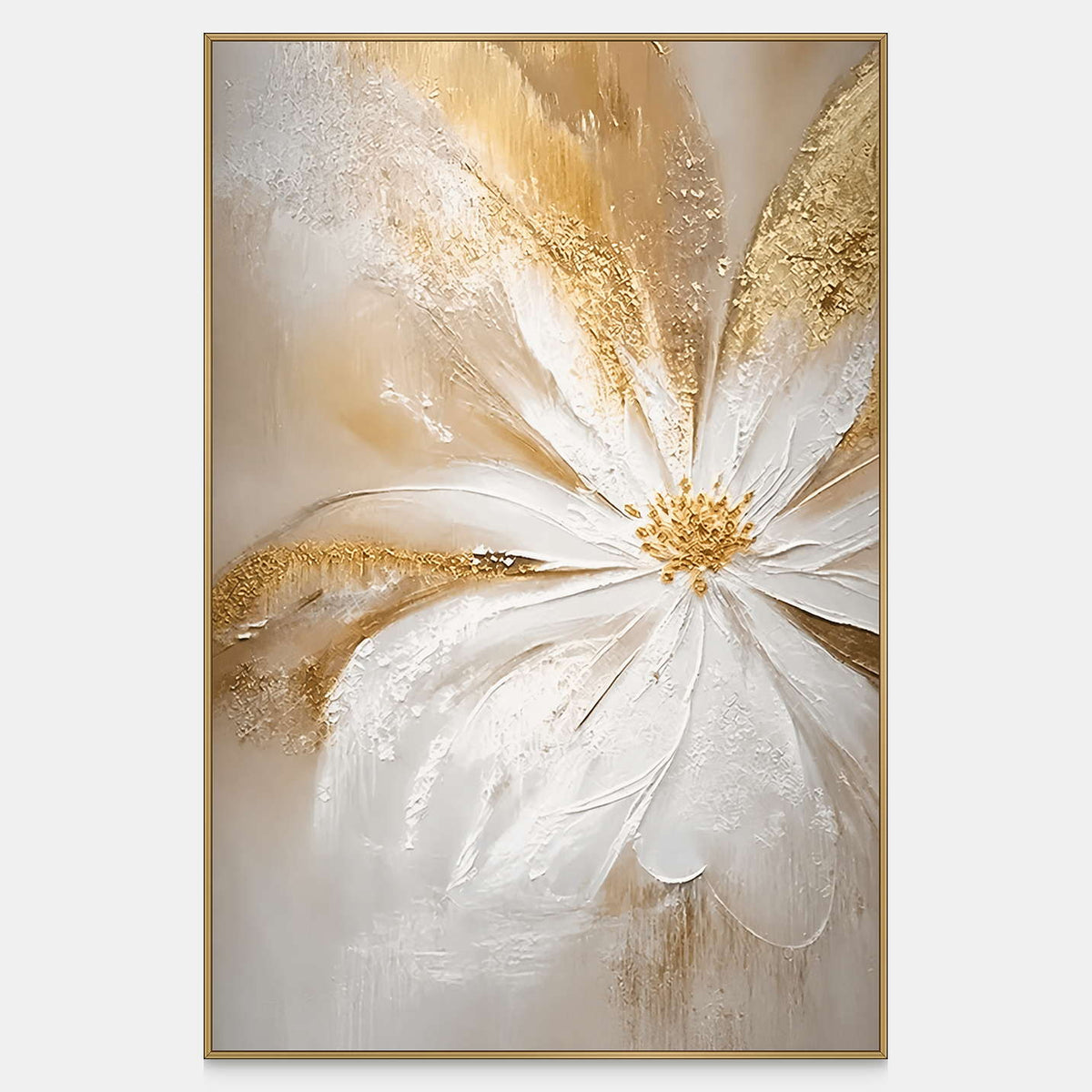 One Bloom of Joy in a gold frame, showing a single textured white flower opening from a golden center across a beige background.