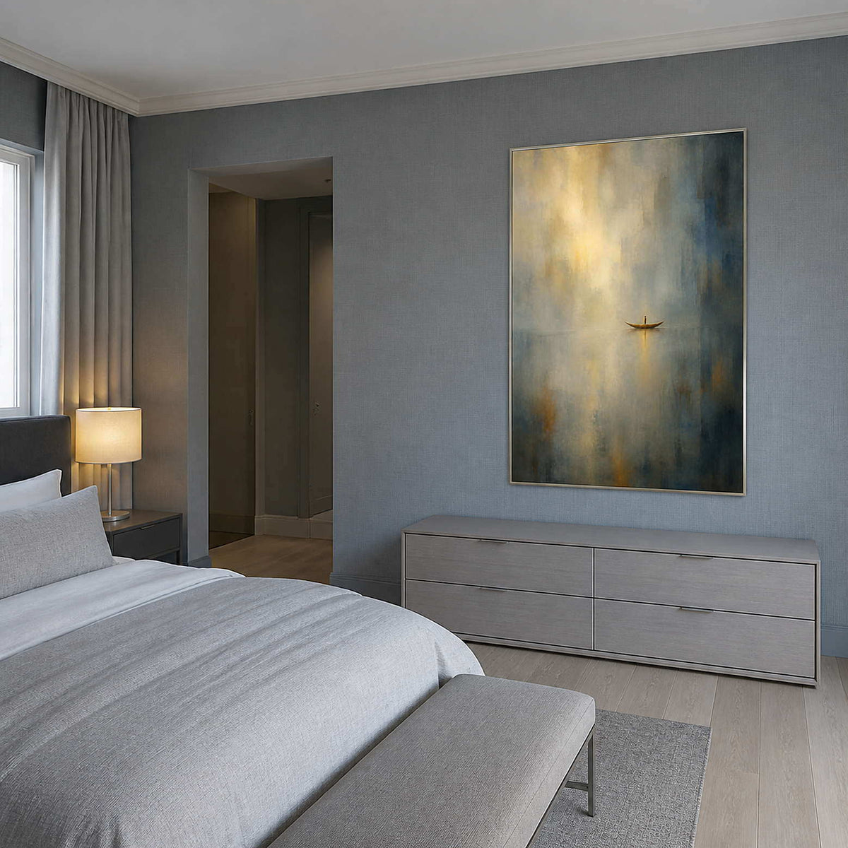 Misty minimalist seascape displayed in a silver-gray primary bedroom.