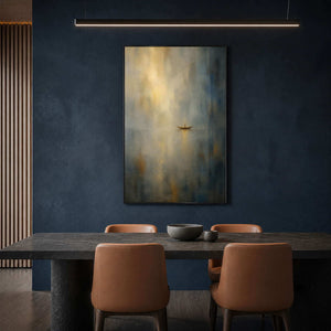 Atmospheric coastal painting in a deep blue modern dining room.