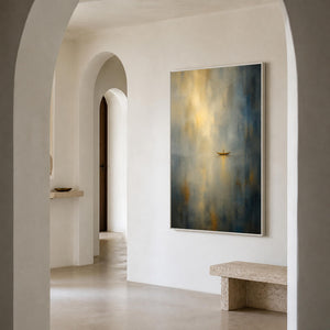 Quiet boat canvas in a bright ivory arched entryway.