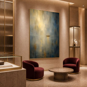 Luminous boat artwork in an elegant boutique jewelry lounge.