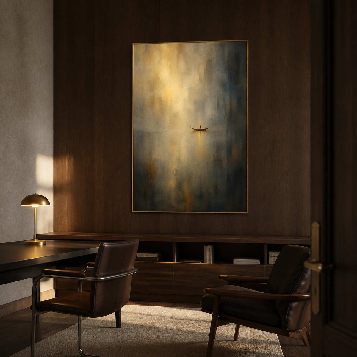 Blue and gold coastal artwork in a caramel wood study.